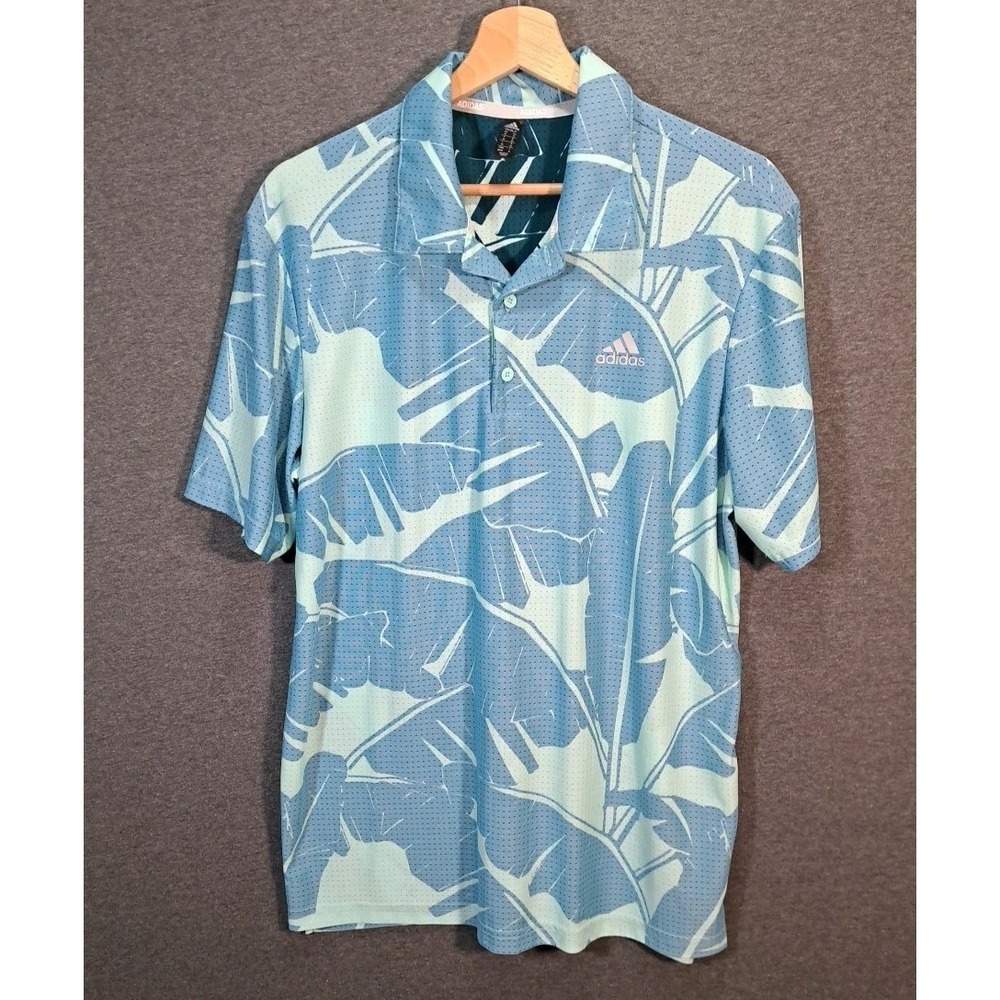 Adidas Golf Mens Blue Tropical Banana Leaf Print Performance Polo Shirt‎ Size M